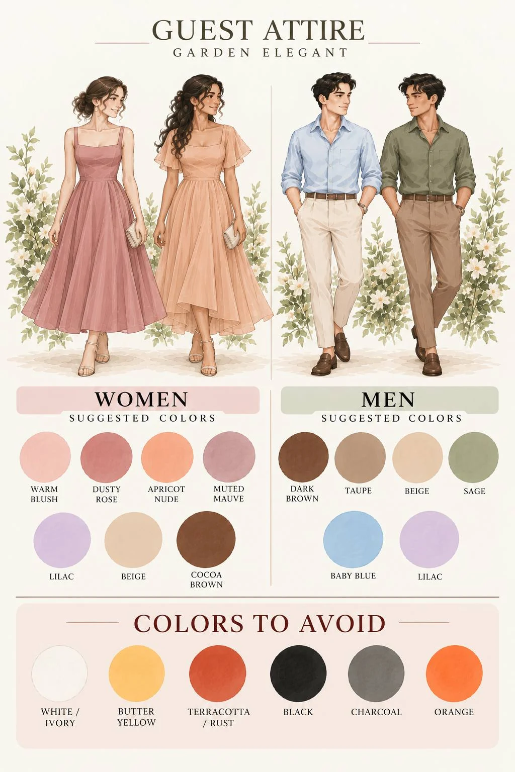 Garden elegant guest attire: simple midi dresses and collared shirts with tailored trousers, with suggested and restricted color palettes.